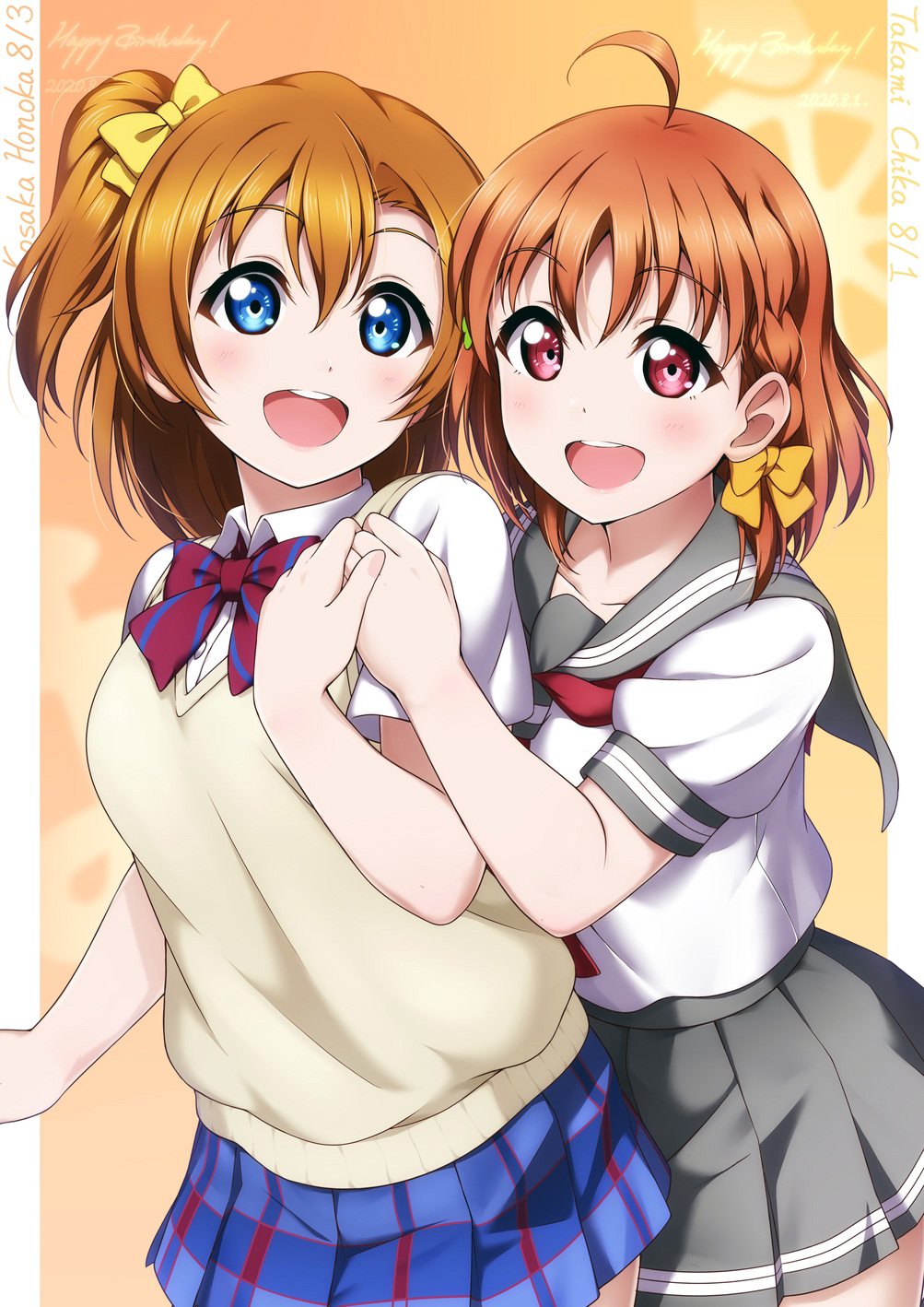 2girls ahoge bangs birthday blue_eyes braid breasts character_name check_commentary clover_hair_ornament collarbone commentary_request english_text eyebrows_visible_through_hair hair_ornament hair_ribbon happy_birthday highres holding_hands kousaka_honoka love_live! love_live!_school_idol_project love_live!_sunshine!! medium_breasts miniskirt multiple_girls orange_hair otonokizaka_school_uniform red_eyes ribbon school_uniform shiimai shiny shiny_hair short_hair short_sleeves side_braid side_ponytail skirt takami_chika uranohoshi_school_uniform