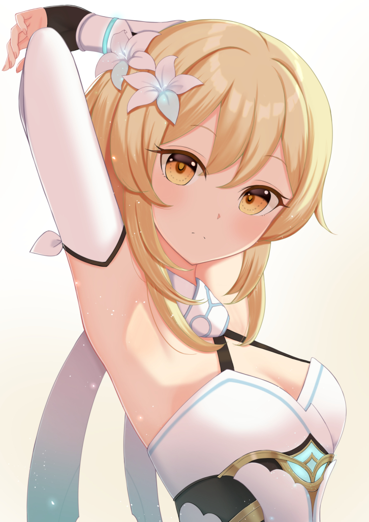 1girl armpits arms_up bangs blonde_hair blush breasts brown_background brown_eyes closed_mouth commentary_request denkaisui detached_sleeves dress eyebrows_visible_through_hair female_traveler_(genshin_impact) flower genshin_impact gradient gradient_background hair_between_eyes hair_flower hair_ornament halterneck long_sleeves looking_at_viewer medium_breasts sleeves_past_wrists solo upper_body white_background white_dress white_flower white_sleeves