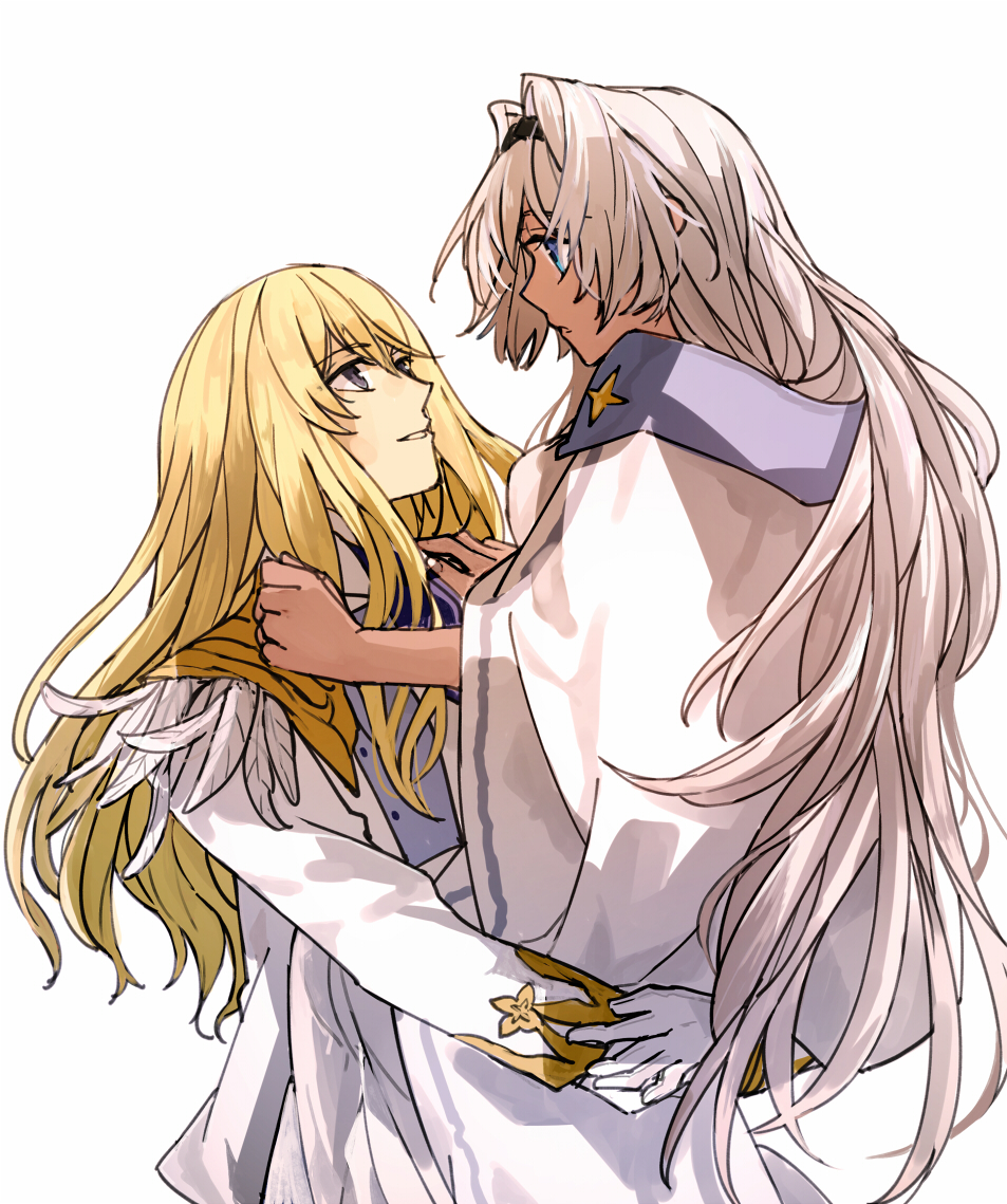 1boy 1girl blonde_hair blue_eyes caenis_(fate) carrying eyebrows_visible_through_hair fate/grand_order fate_(series) feathers gloves kirschtaria_wodime long_hair long_sleeves profile shirt_on_shoulders simple_background tsengyun very_long_hair white_background white_gloves white_hair