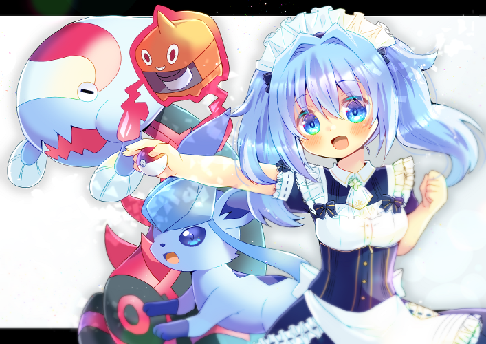 1girl :d alolan_form alolan_vulpix apron bangs blue_dress blue_eyes blue_hair blush breasts character_request commentary_request commission copyright_request dress eyebrows_visible_through_hair frilled_apron frills gen_4_pokemon gen_7_pokemon hair_between_eyes hair_intakes holding holding_poke_ball kouu_hiyoyo letterboxed long_hair maid_headdress open_mouth outstretched_arm poke_ball poke_ball_(basic) pokemon pokemon_(anime) pokemon_sm_(anime) puffy_short_sleeves puffy_sleeves ribbon-trimmed_sleeves ribbon_trim rotom short_sleeves small_breasts smile twintails waist_apron white_apron