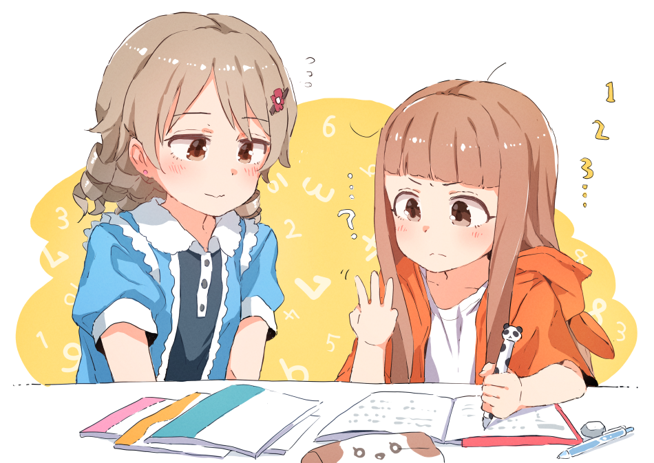 2girls bangs blue_dress blunt_bangs blush brown_eyes brown_hair closed_mouth collared_dress commentary_request counting dress eraser eyebrows_visible_through_hair flower flying_sweatdrops gomennasai hair_flower hair_ornament hairclip hand_up holding holding_pencil homework hood hooded_jacket ichihara_nina idolmaster idolmaster_cinderella_girls jacket long_hair morikubo_nono multiple_girls number open_clothes open_jacket orange_jacket pencil pencil_case puffy_short_sleeves puffy_sleeves red_flower ringlets shirt short_sleeves two-tone_background upper_body v-shaped_eyebrows white_background white_shirt yellow_background