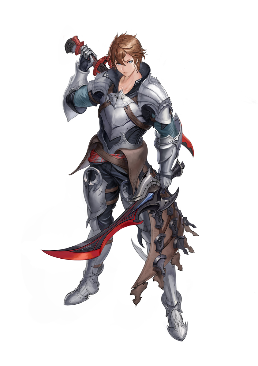 1boy armor blue_eyes breastplate brown_hair closed_mouth collarbone dual_wielding fantasy gauntlets greaves hair_between_eyes holding holding_sword holding_weapon lp_rp male_focus original pauldrons shoulder_armor simple_background solo standing sword vambraces weapon white_background