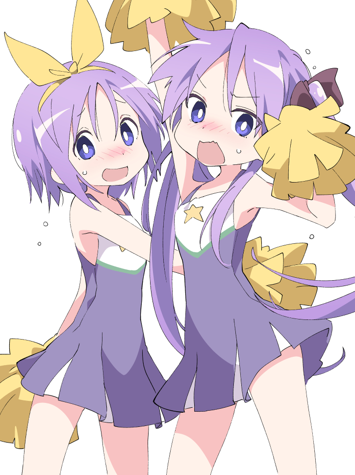 2girls arm_up blue_eyes blush cheerleader hairband hiiragi_kagami hiiragi_tsukasa holding holding_pom_poms ixy long_hair looking_at_viewer lucky_star multiple_girls open_mouth pom_poms purple_hair short_hair siblings simple_background sisters sleeveless twins twintails white_background yellow_hairband