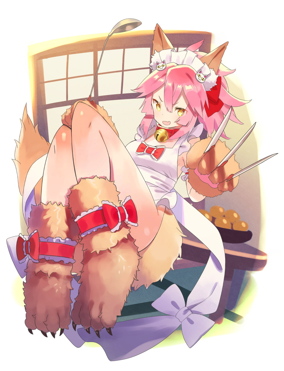 1girl animal_ear_fluff animal_ears apron bangs bell bell_collar bow breasts cat_hair_ornament cat_paws collar fangs fate/extra fate/grand_order fate_(series) fox_ears fox_girl fox_tail gloves hair_between_eyes hair_bow hair_ornament highres holding holding_knife jingle_bell knees_up knife knives_between_fingers ladle large_breasts legs long_hair looking_at_viewer naked_apron open_mouth paw_gloves paw_shoes paws pink_hair ponytail red_bow shoes sidelocks smile tail tamamo_(fate)_(all) tamamo_cat_(fate) yellow_eyes zenshin