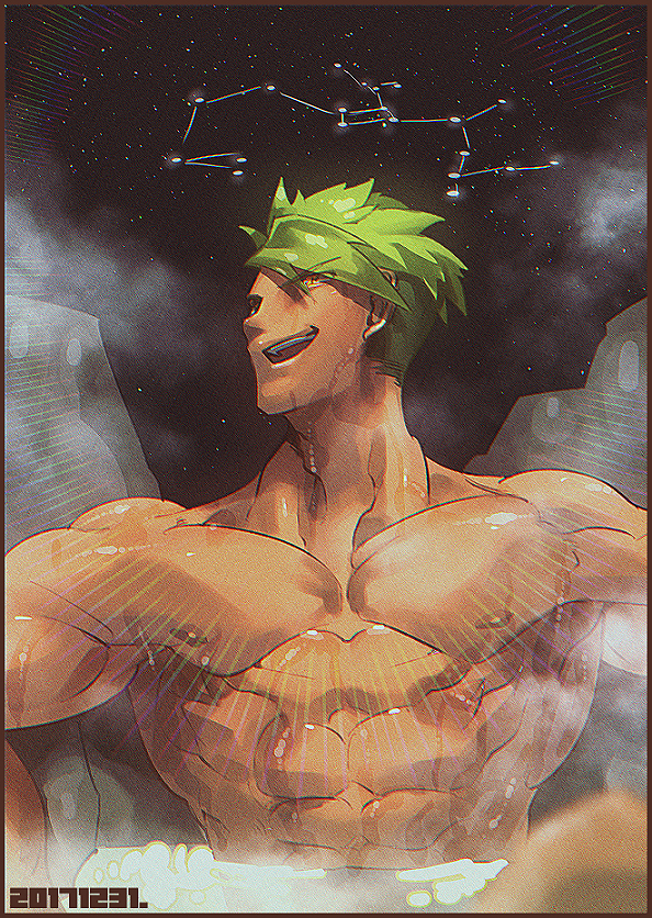 1boy abs achilles_(fate) chest constellation crossed_arms fate/apocrypha fate_(series) gen_yoro green_hair male_focus nipples onsen pectorals shirtless simple_background smile solo wet yellow_eyes