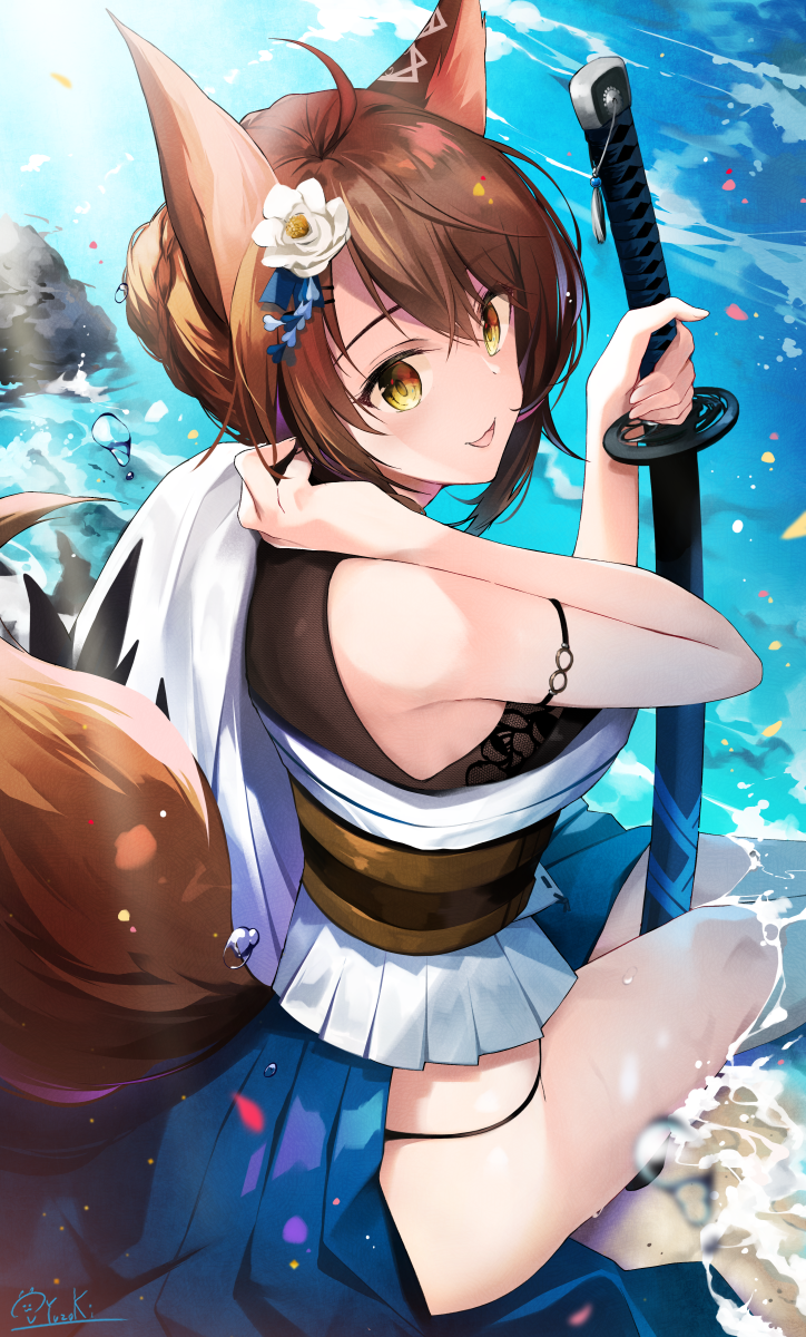 1girl :d ahoge animal_ears blush breasts brown_hair butterfly_hair_ornament fox_ears fox_tail fumi_(nijisanji) hair_between_eyes hair_ornament highres hirai_yuzuki holding holding_sword holding_weapon japanese_clothes large_breasts long_hair looking_at_viewer miniskirt nijisanji open_mouth sitting skirt smile soaking_feet solo sword tail thighs virtual_youtuber weapon wet wide_sleeves yellow_eyes