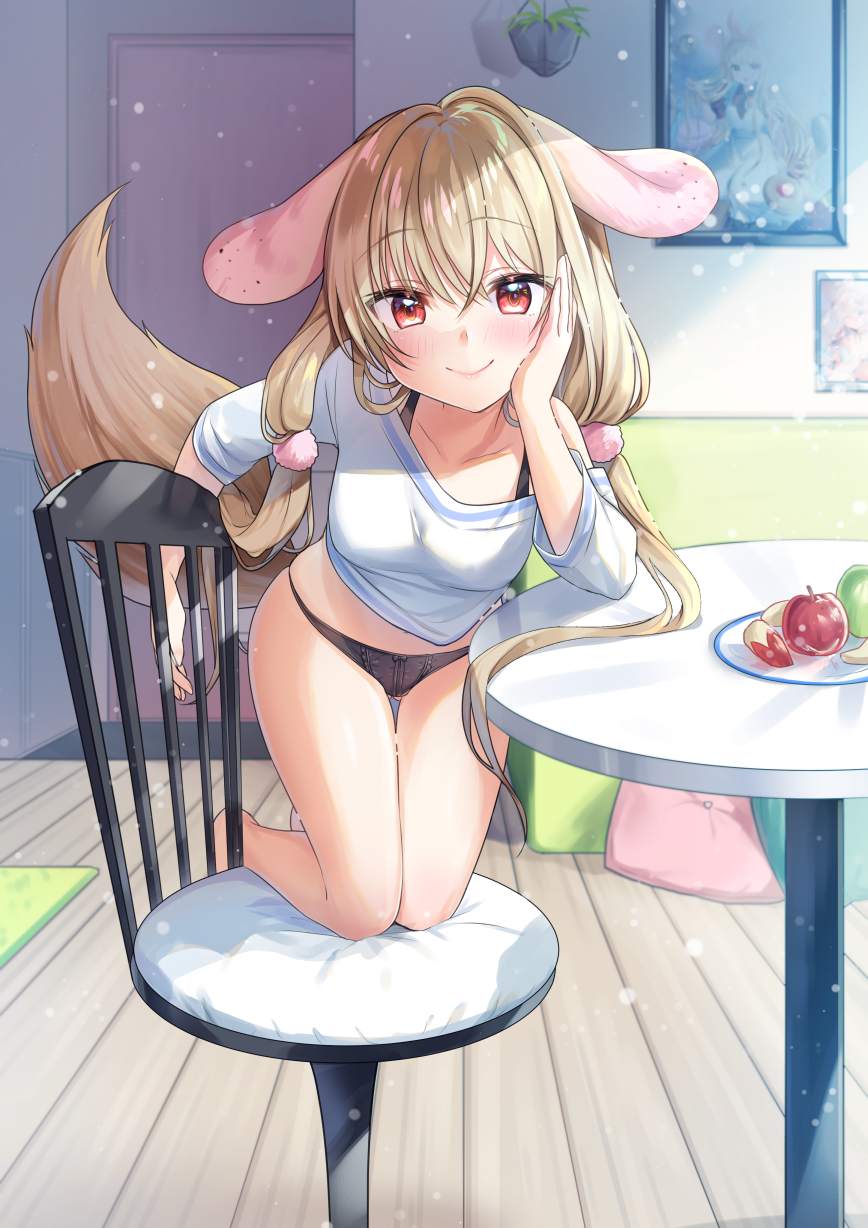 1girl animal_ears apple banana bangs black_panties blush breasts chair chinchilla_ears chinchilla_tail couch cushion eyebrows_visible_through_hair food fruit hanasaki_mahiru highres kneeling long_hair original painting_(object) panties plant potted_plant red_eyes smile solo table underwear very_long_hair