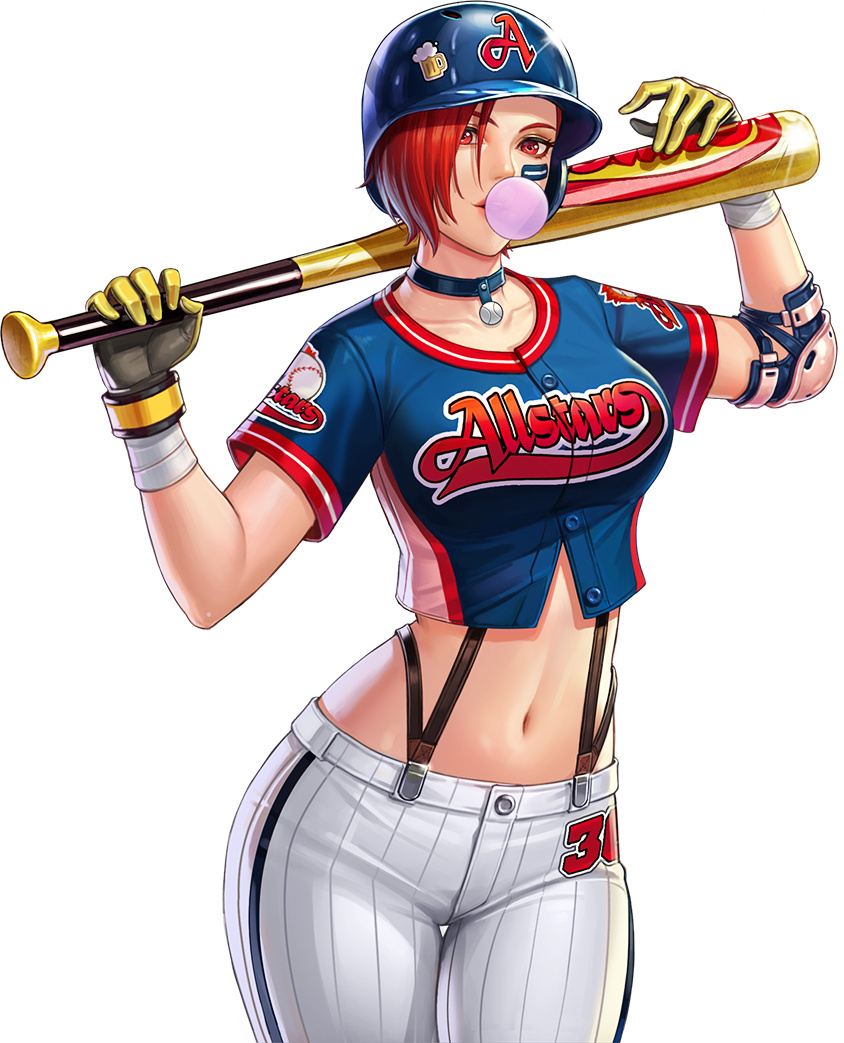 1girl alternate_costume artist_request baseball_bat baseball_helmet baseball_jersey baseball_uniform breasts bubble_blowing chewing_gum choker collarbone cowboy_shot crop_top elbow_pads eye_black glint gloves helmet lips looking_at_viewer medium_breasts midriff navel official_art red_eyes redhead short_hair solo sportswear suspenders the_king_of_fighters_all-stars transparent_background vanessa_(king_of_fighters)