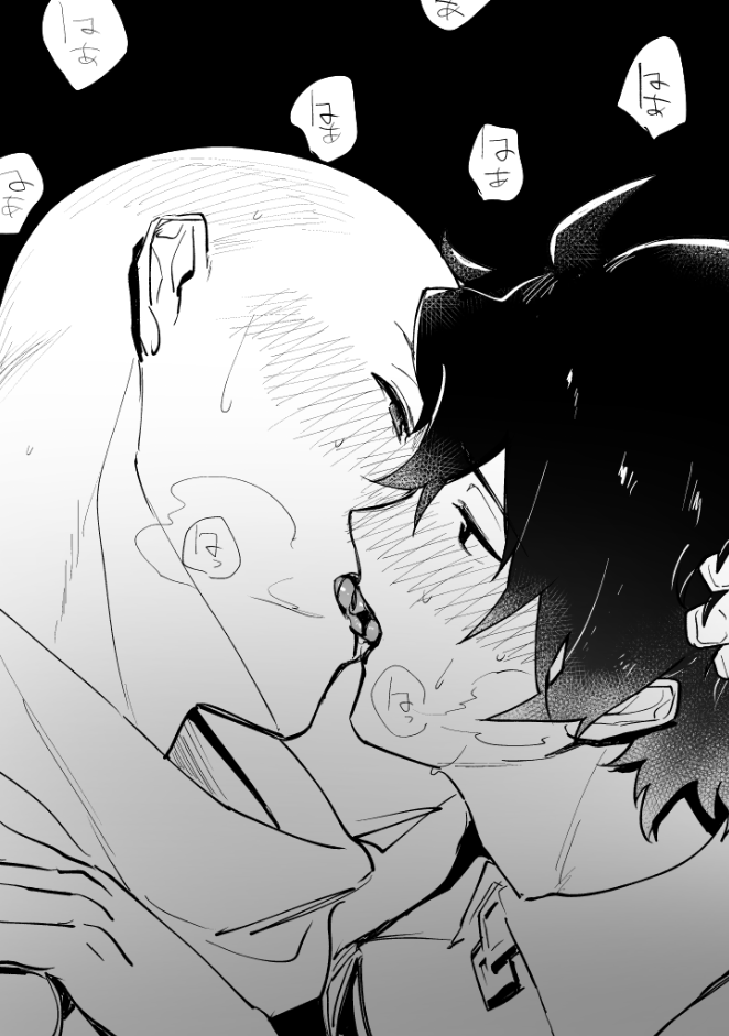 bald bangs black_hair blush close-up fate/grand_order fate_(series) french_kiss fujimaru_ritsuka_(male) greyscale haiki_(tegusu) hand_on_another's_head houzouin_inshun_(fate/grand_order) kiss monochrome saliva tongue tongue_out yaoi