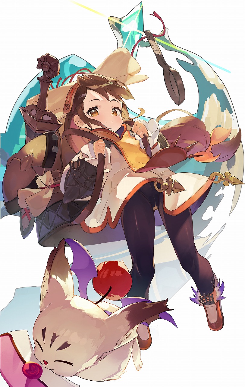 1girl animal armor backpack bag black_legwear bow brown_backpack brown_eyes brown_footwear brown_hair clavat closed_eyes closed_mouth crack dress final_fantasy final_fantasy_crystal_chronicles frying_pan full_body glint hair_bow highres leggings letter long_hair moogle open_eyes orange_bow pouch scabbard sheath sheathed shield shoes short_dress simple_background smile sword vambraces weapon white_background white_dress white_headwear wind wind_lift wings yogurtbomb9