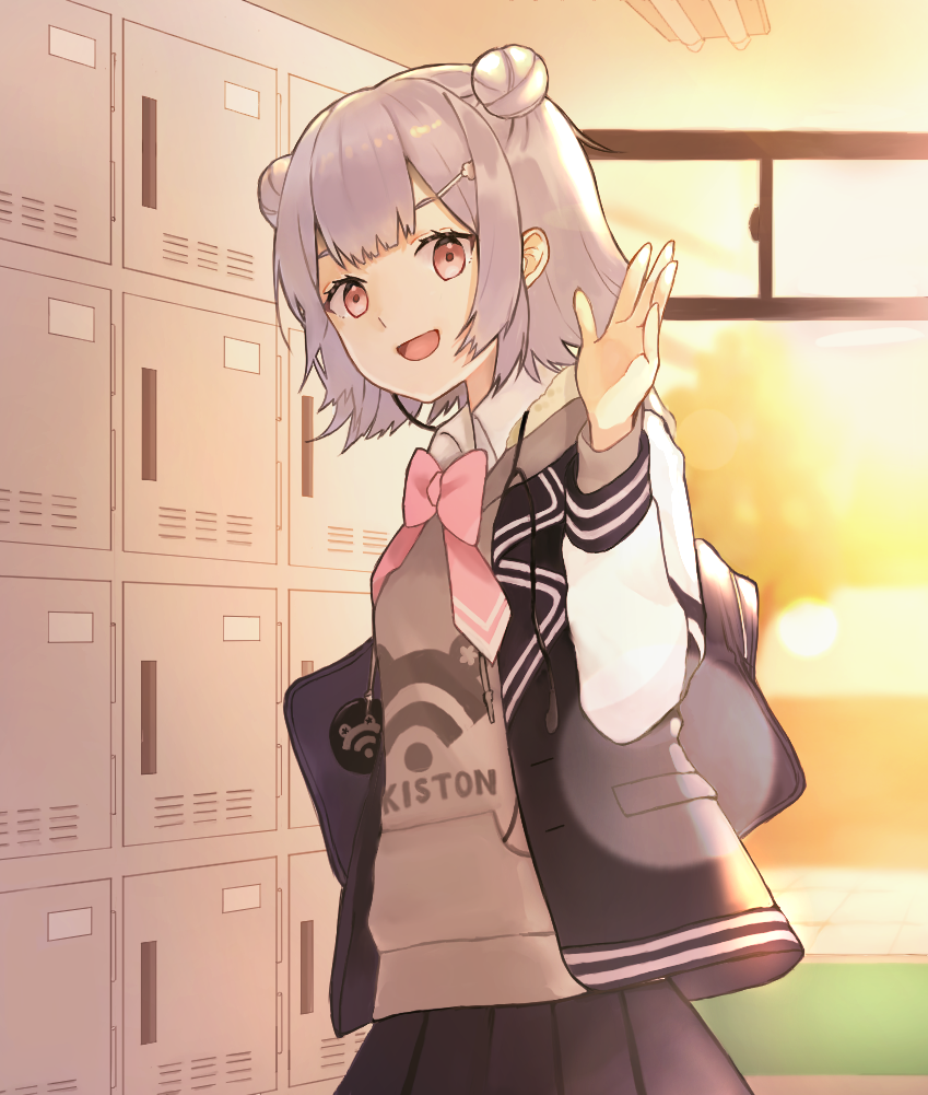 1girl ascot backlighting bangs binchou_maguro blazer blue_jacket blue_skirt blunt_bangs double_bun grey_hair grey_shirt hair_bun hair_ornament hairclip indoors jacket koharu_rikka locker locker_room looking_at_viewer open_mouth pink_neckwear pleated_skirt school shirt short_hair skirt smile sunset upper_body violet_eyes voiceroid waving