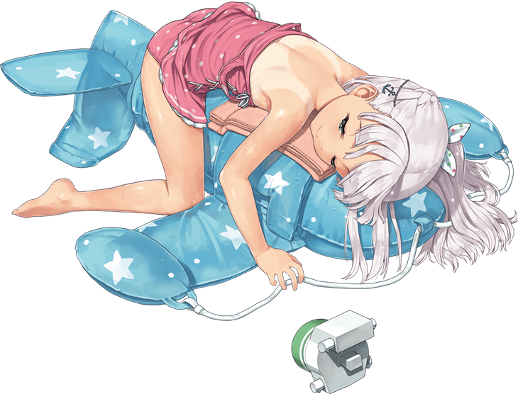 1girl back bangs barefoot blunt_bangs closed_eyes full_body hair_ribbon inflatable_toy jiji kantai_collection long_hair lying maestrale_(kantai_collection) official_art on_stomach one-piece_swimsuit one_side_up pink_swimsuit polka_dot polka_dot_swimsuit ribbon silver_hair straddling swimsuit tan tanline thigh_strap towel transparent_background white_ribbon