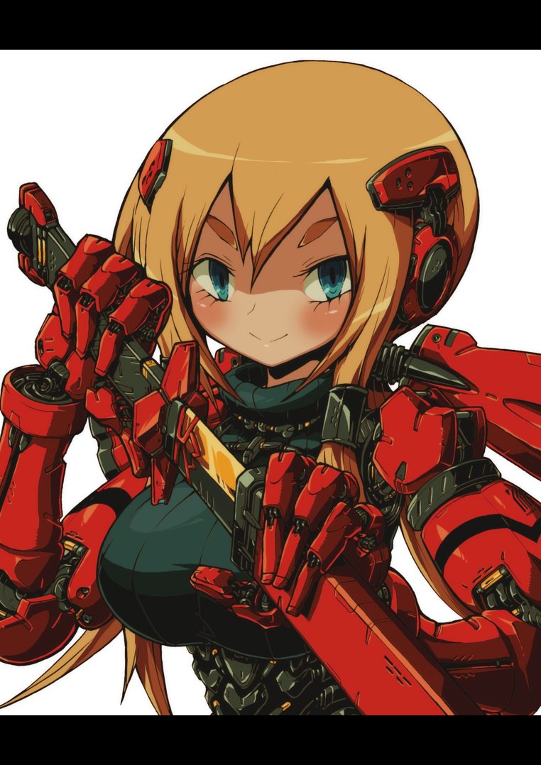 1girl big_hair blonde_hair blue_eyes breasts cyborg hair_between_eyes holding holding_sword holding_weapon kuruton486 large_breasts mechanical_arms original sheath short_eyebrows short_hair sidelocks solo sword thick_eyebrows unsheathing v-shaped_eyebrows weapon