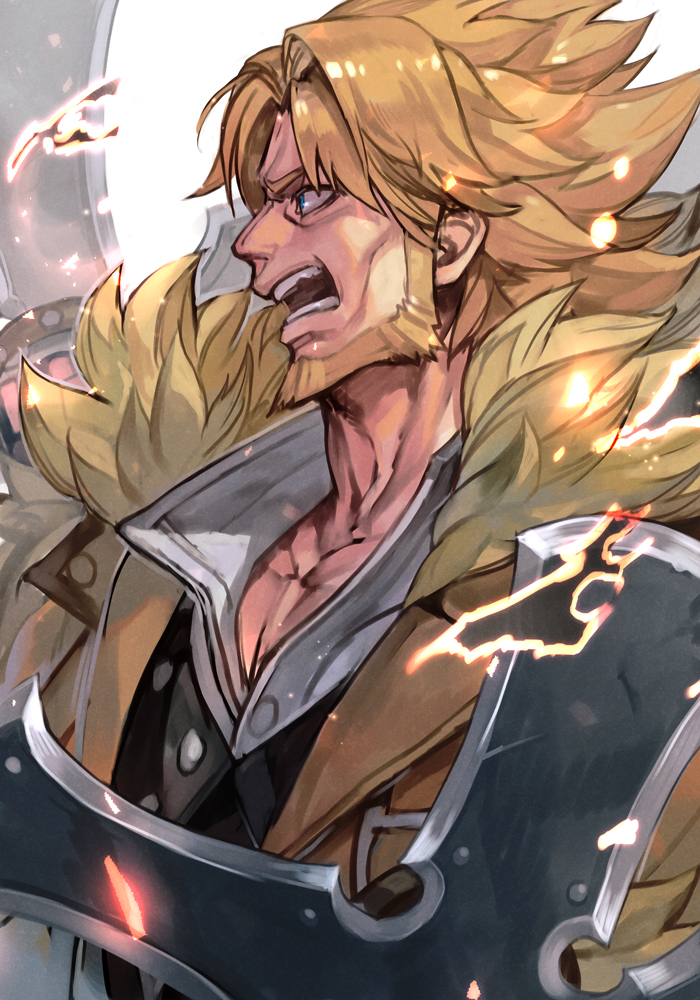 1boy beard blonde_hair blue_eyes brown_coat brown_jacket coat collared_shirt dual_wielding facial_hair fur_trim guilty_gear guilty_gear_strive hankuri holding holding_weapon huge_weapon jacket leo_whitefang looking_to_the_side male_focus open_mouth shirt short_hair simple_background solo spiky_hair sword weapon white_background