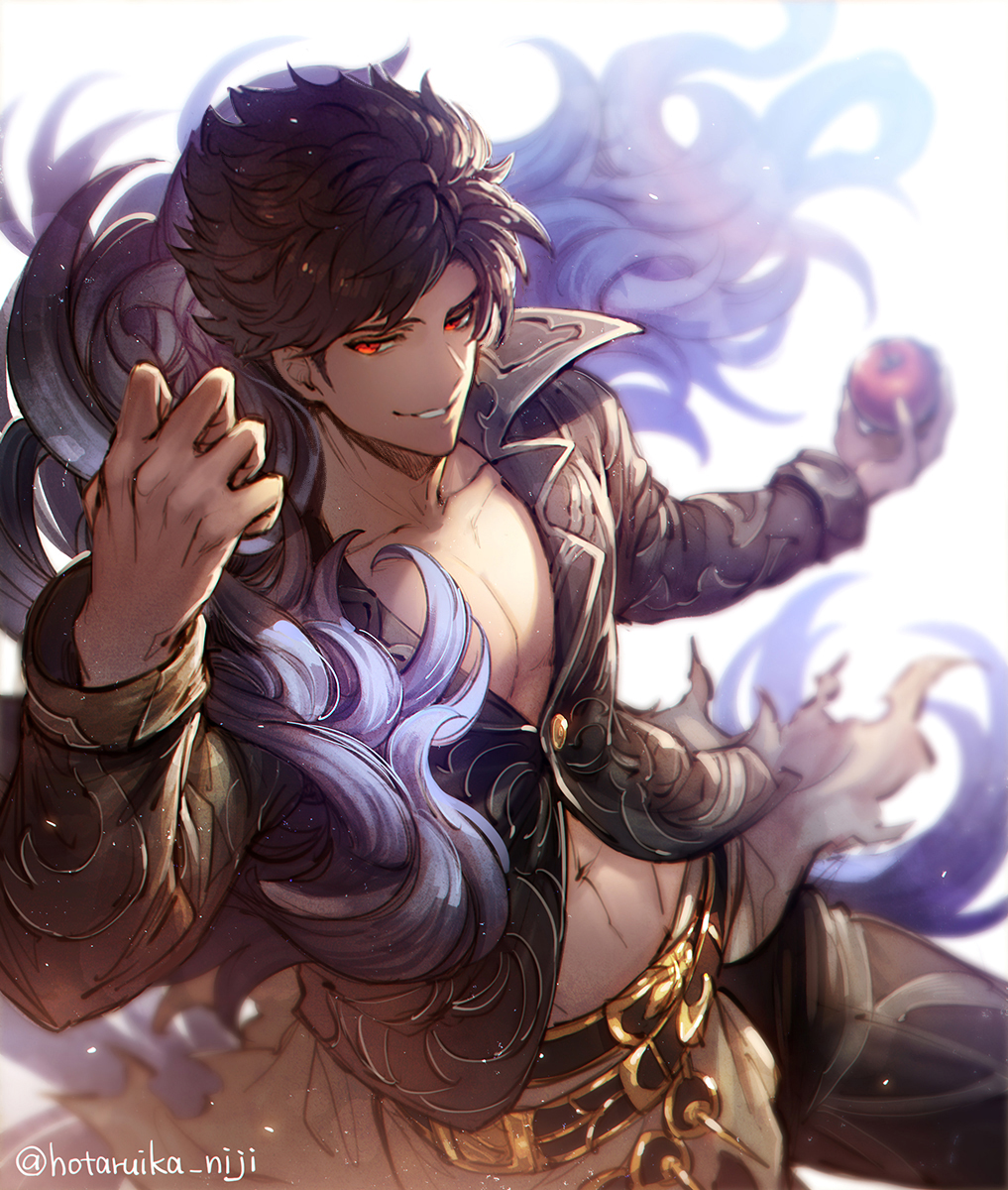 1boy abs belial_(granblue_fantasy) belt black_hair black_shirt chest granblue_fantasy granblue_fantasy_(style) highres hotaruika_niji looking_at_viewer male_focus open_clothes pants pectorals red_eyes shirt simple_background smile solo