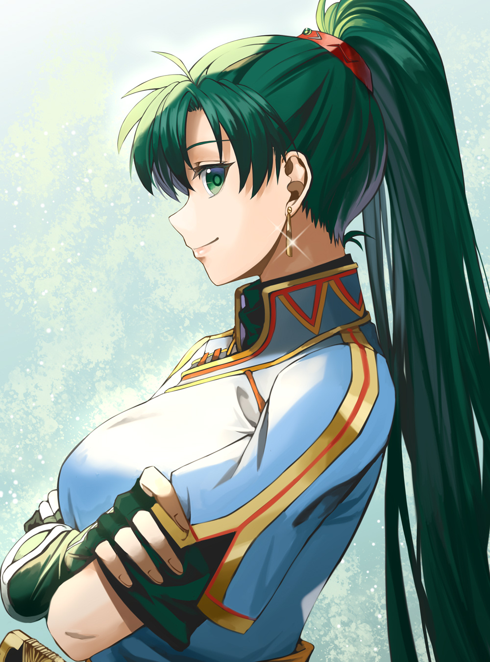 1girl blue_dress breasts delsaber dress earrings fingerless_gloves fire_emblem fire_emblem:_the_blazing_blade gloves green_eyes green_hair highres jewelry katana long_hair looking_at_viewer lyn_(fire_emblem) ponytail sword weapon