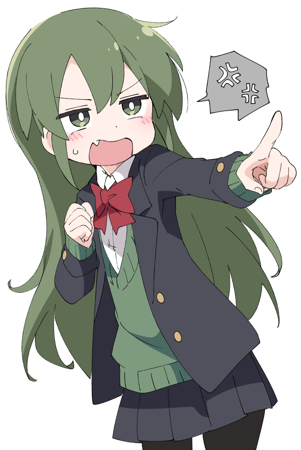 1girl anger_vein black_jacket black_legwear black_skirt blazer blush bow bowtie cardigan fang green_cardigan green_eyes green_hair igarashi_futaba_(shiromanta) ixy jacket long_hair long_sleeves looking_away open_mouth pantyhose pleated_skirt red_neckwear school_uniform senpai_ga_uzai_kouhai_no_hanashi simple_background skirt solo spoken_anger_vein sweatdrop white_background