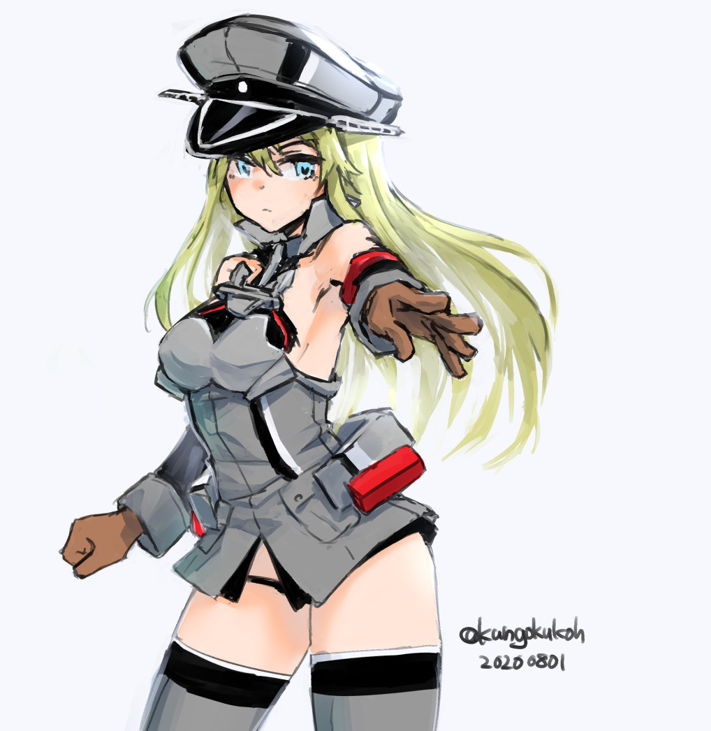 1girl anchor_hair_ornament bismarck_(kantai_collection) black_panties blonde_hair blue_eyes brown_gloves contrapposto cowboy_shot dated detached_sleeves gloves grey_legwear hair_ornament hat kangoku_kou kantai_collection long_hair looking_at_viewer military military_hat military_uniform panties peaked_cap simple_background sleeveless solo thigh-highs twitter_username underwear uniform white_background