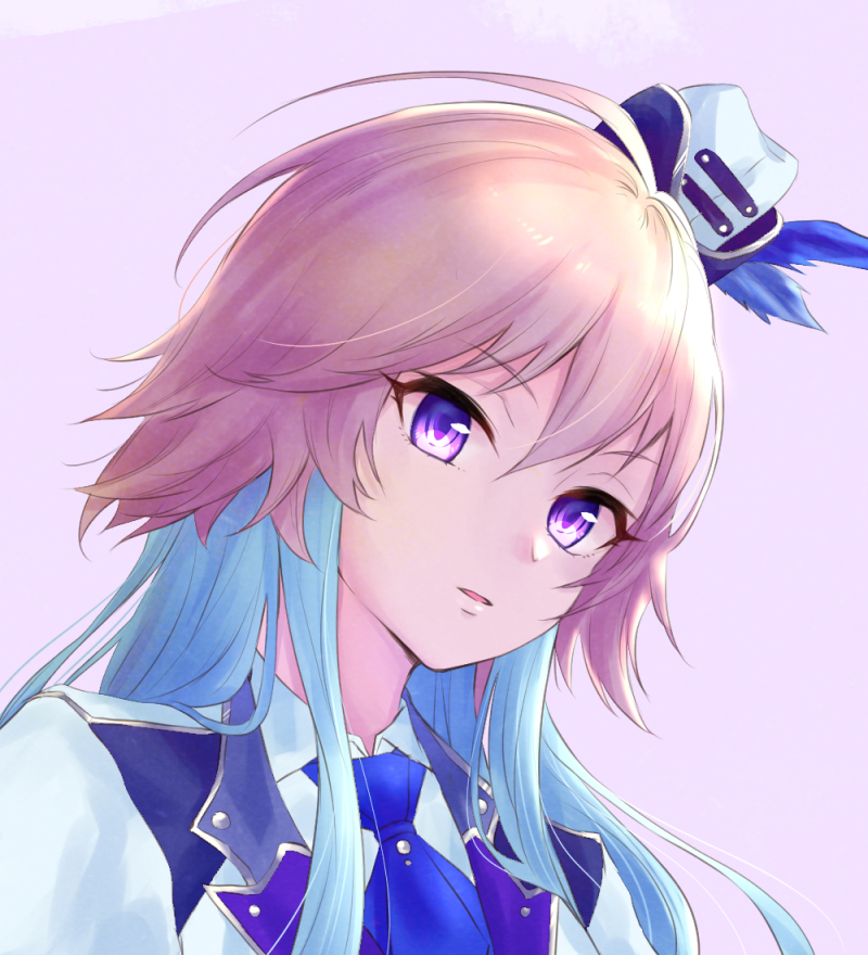 1girl bangs bellrrn blue_hair blue_neckwear eyebrows_visible_through_hair grey_background hair_between_eyes hat idolmaster idolmaster_cinderella_girls idolmaster_cinderella_girls_starlight_stage jacket mini_hat multicolored_hair ninomiya_asuka open_mouth pink_hair portrait shiny shiny_hair simple_background solo two-tone_hair violet_eyes white_jacket