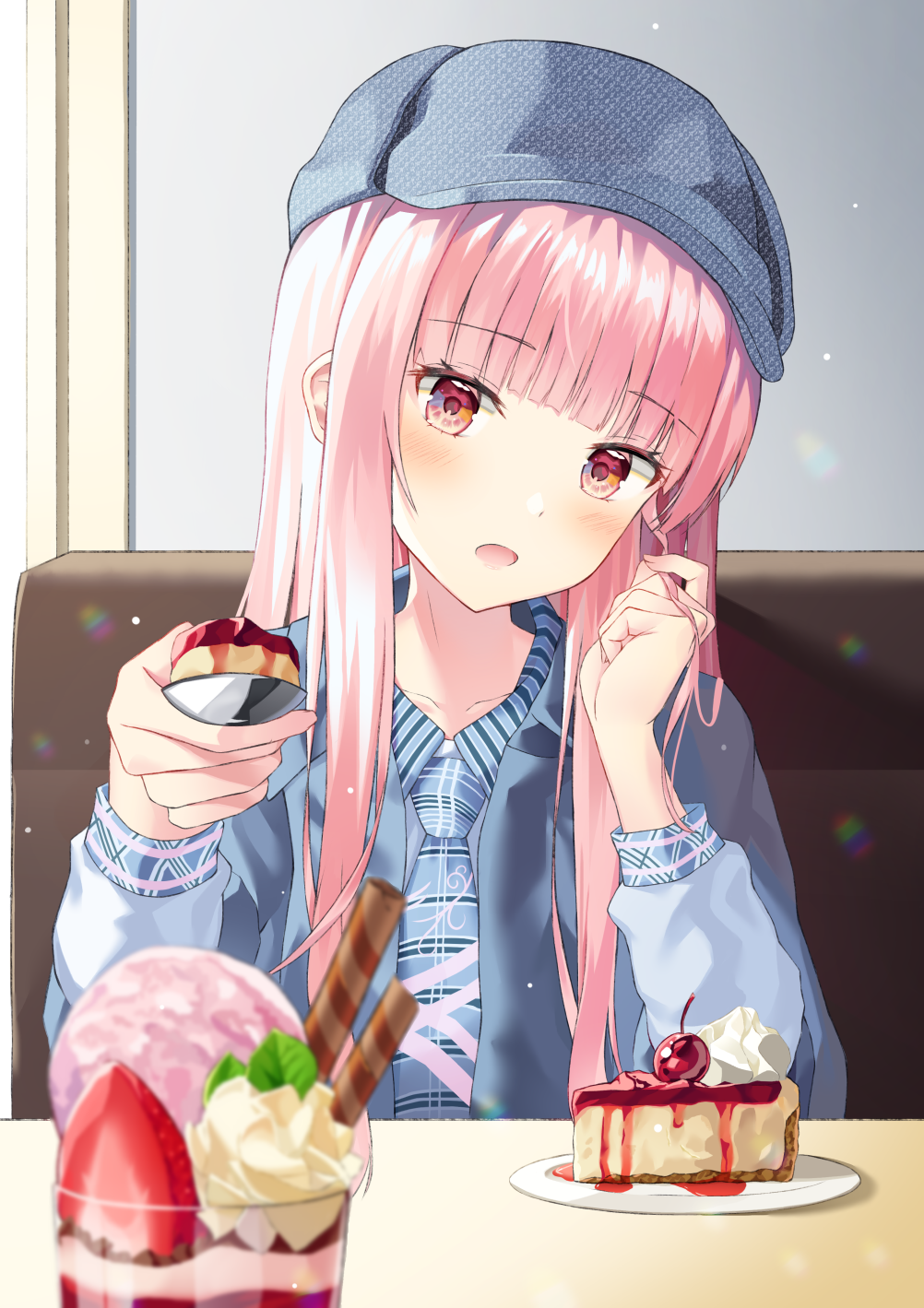 1girl bangs blue_headwear blue_jacket blue_neckwear blue_shirt blunt_bangs blush cabbie_hat cake cake_slice collared_shirt commentary_request couch feeding food hair_tousle hand_up hat head_tilt highres holding holding_spoon hyonee indoors jacket long_hair long_sleeves looking_at_viewer necktie on_couch open_mouth original parfait pink_hair plate red_eyes restaurant shirt sitting solo spoon striped striped_neckwear upper_body very_long_hair