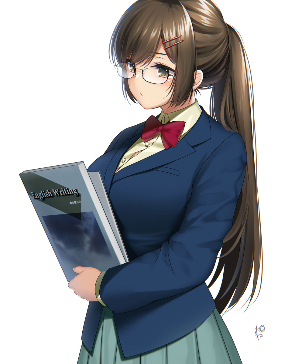 1girl bangs blue_jacket blue_skirt blush bow bowtie breasts brown_eyes brown_hair button_gap closed_mouth collared_shirt commentary_request dress_shirt eyebrows_visible_through_hair glasses hair_ornament hairclip head_tilt high_ponytail highres holding holding_notebook jacket large_breasts long_hair long_ponytail looking_at_object notebook original parted_bangs pleated_skirt red_bow red_neckwear school_uniform serafuku shiny shiny_hair shirt sidelocks signature skirt suzuki_nene swept_bangs yellow_shirt