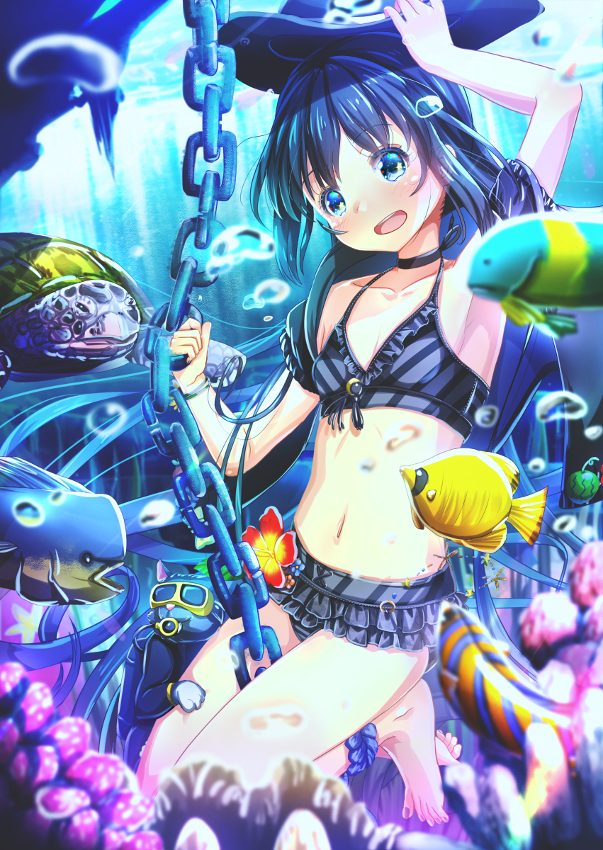 1girl abo_(kawatasyunnnosukesabu) air_bubble animal ankle_scrunchie armpits barefoot bikini bikini_skirt black_bikini black_choker black_hair blue_eyes blue_scrunchie breasts bubble cat chain choker clothed_animal collarbone commentary_request dark_blue_hair diving_suit fish flower frilled_bikini frills goggles halterneck hand_on_headwear hat highres holding holding_chain long_hair looking_at_viewer navel open_mouth original scrunchie scuba_gear small_breasts solo striped striped_bikini swimsuit toenail_polish toes tropical_fish turtle underwater wristband