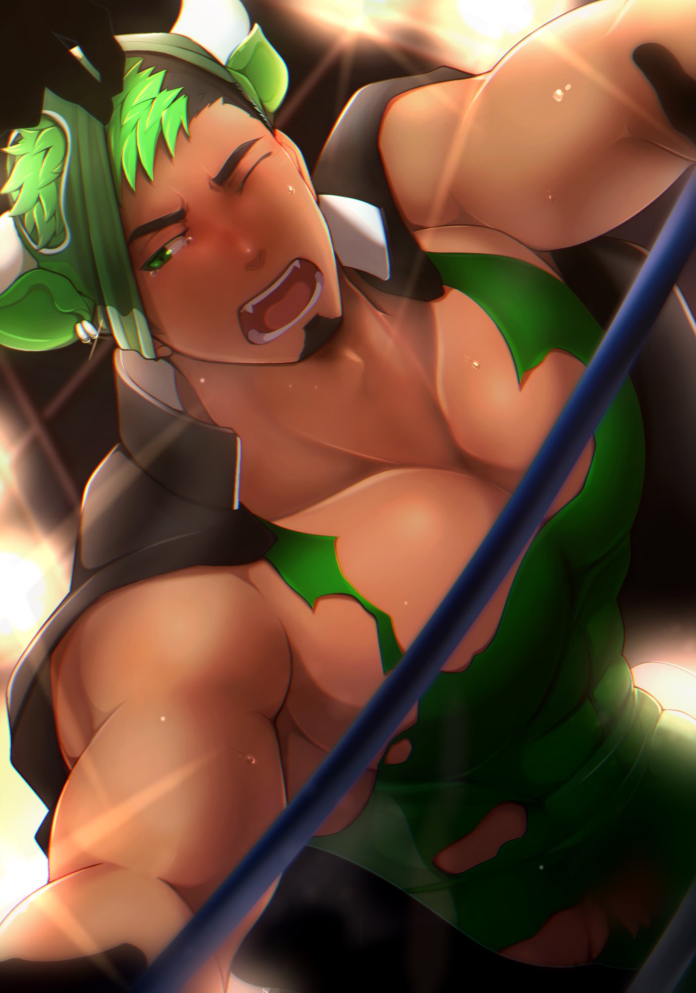 1boy abs bara beard black_hair blurry blush bodysuit chest covered_abs dark_skin facial_hair goatee green_eyes highres jacket jacket_on_shoulders kuro_(shiranui) looking_at_viewer male_focus mask mask_removed multicolored_hair muscle pectorals simple_background solo taurus_mask tokyo_houkago_summoners torn_clothes upper_body wrestling_outfit