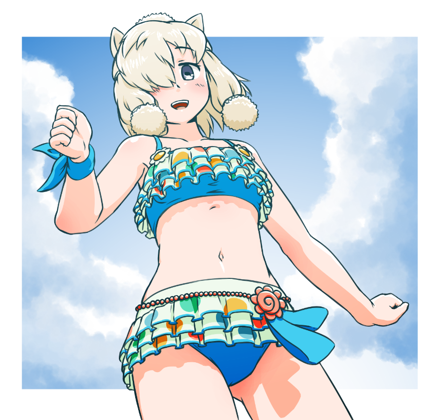 1girl acesrulez alpaca_ears alpaca_girl alpaca_suri_(kemono_friends) alternate_costume animal_ears bare_arms bare_legs bare_shoulders bikini blue_bikini blue_eyes collarbone commentary_request cowboy_shot eyebrows_visible_through_hair frilled_bikini frills from_below hair_bun hair_over_one_eye hair_tubes kemono_friends kemono_friends_3 midriff navel short_hair solo swimsuit white_hair wristband