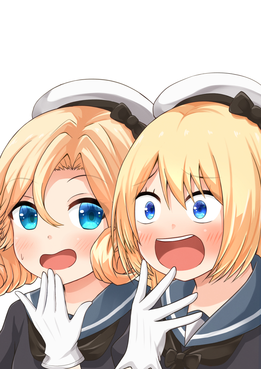 2girls bangs black_neckwear blonde_hair blue_eyes blue_sailor_collar comiching commentary_request gloves hat highres janus_(kantai_collection) jervis_(kantai_collection) kantai_collection kimoi_girls long_hair multiple_girls open_mouth parody parted_bangs sailor_collar sailor_hat short_hair simple_background upper_body upper_teeth white_background white_gloves white_headwear