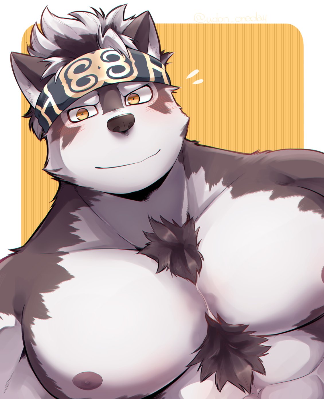 1boy abs animal_ears bara blush chest furry grey_hair headband highres horkeu_kamui_(tokyo_houkago_summoners) looking_at_viewer male_focus multicolored_hair muscle nipples pectorals silver_hair simple_background smile solo tokyo_houkago_summoners udon_oneday upper_body