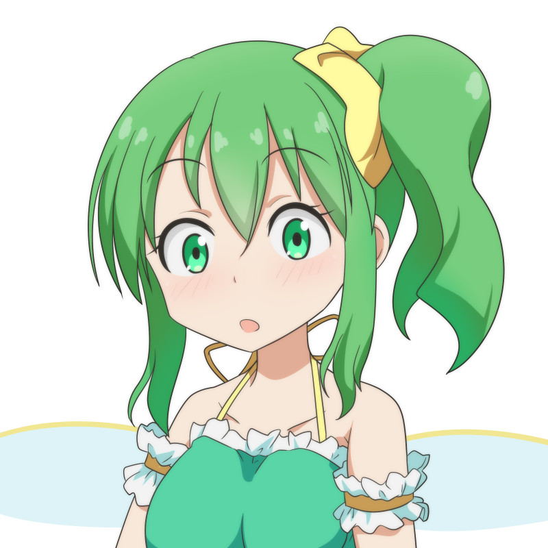 1girl cato_(monocatienus) collarbone daiyousei eyebrows_visible_through_hair fairy_wings green_eyes green_hair hair_ribbon halterneck off_shoulder open_mouth ribbon side_ponytail sidelocks simple_background solo touhou upper_body white_background wings yellow_ribbon