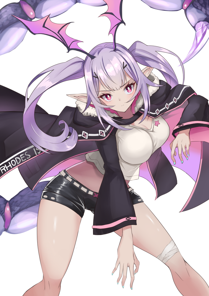 1girl arknights bandaged_leg bandages bangs black_jacket black_shorts blue_nails breasts commentary_request crop_top hair_ornament hairclip head_wings jacket large_breasts long_hair long_sleeves manticore_(arknights) midriff nail_polish open_clothes open_jacket pink_eyes pointy_ears purple_hair scorpion_tail shirt short_shorts shorts simple_background solo standing stomach tail thighs twintails white_background white_shirt wide_sleeves yuzuruka_(bougainvillea)