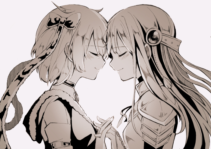2girls armlet armor arms_at_sides azusa_mifuyu bangs black_choker black_neckwear choker christy closed_eyes closed_mouth crying eyebrows_visible_through_hair floating_hair forehead-to-forehead from_side fur_trim gradient grey_background hair_ribbon hands_up happy_tears high_collar holding_hands interlocked_fingers jewelry long_hair magia_record:_mahou_shoujo_madoka_magica_gaiden mahou_shoujo_madoka_magica monochrome multiple_girls nanami_yachiyo neck_ribbon profile ribbon sepia short_hair shoulder_armor sidelocks simple_background smile spaulders standing straight_hair tears upper_body