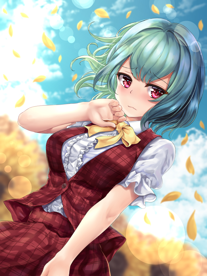 1girl arm_up blue_sky blurry blurry_background blush clouds commentary_request day depth_of_field dutch_angle embarrassed eyebrows_visible_through_hair flower garden_of_the_sun green_hair kazami_yuuka kerotsupii_deisuku lens_flare lens_flare_abuse light_frown outdoors petals plaid plaid_skirt plaid_vest puffy_short_sleeves puffy_sleeves red_eyes ribbon shirt short_hair short_sleeves skirt sky solo sunflower tareme touhou vest white_shirt yellow_neckwear yellow_ribbon