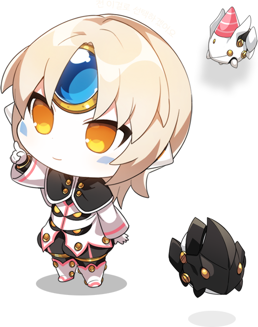1girl chibi drone elsword eve_(elsword) facial_mark forehead_jewel grey_hair hat mechanical_ears moby_(elsword) official_art party_hat pointing remy_(elsword) smile
