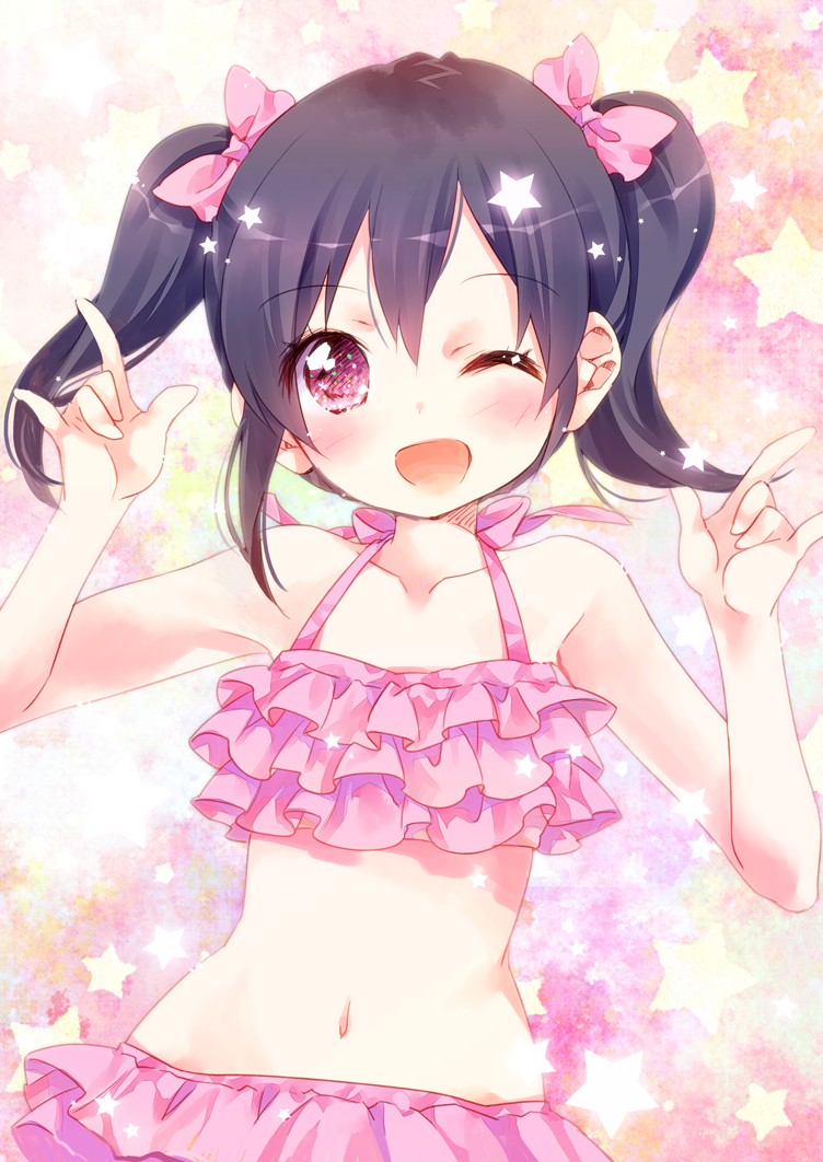 1girl :d \m/ bikini black_hair blush bow character_name dated double_\m/ ech frilled_bikini frills hair_bow happy_birthday looking_at_viewer love_live! love_live!_school_idol_project midriff navel nico_nico_nii one_eye_closed open_mouth pink_bikini red_eyes revision short_hair smile solo swimsuit twintails yazawa_nico