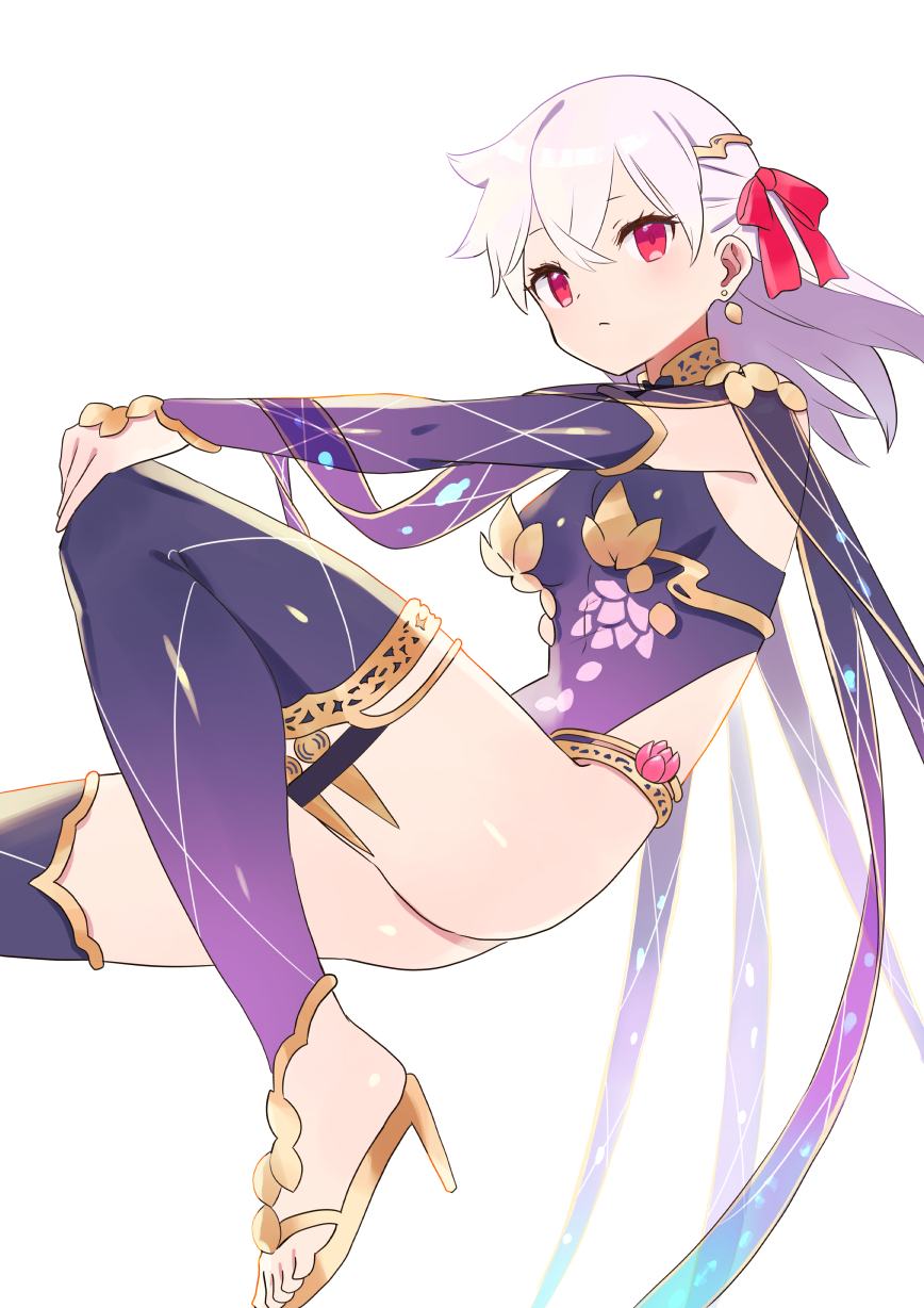 1girl armlet armor bangs bare_shoulders bikini_armor blush bracelet breasts circlet collar detached_sleeves dress earrings fate/grand_order fate_(series) floating floral_print hair_ribbon highres jewelry kama_(fate/grand_order) large_breasts legs long_hair looking_at_viewer metal_collar pelvic_curtain purple_dress purple_legwear purple_sleeves red_eyes red_ribbon revision ribbon silver_hair thigh-highs thighlet zenshin