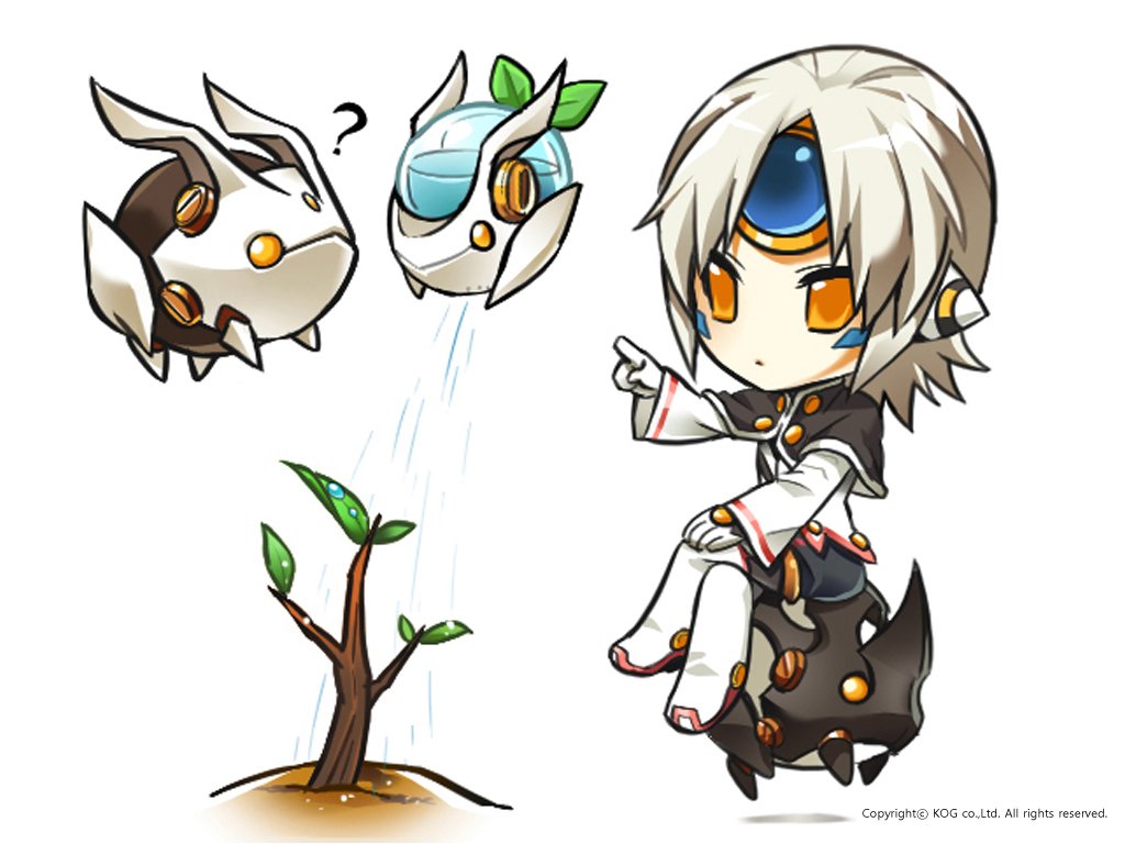 1girl ? celebration drone elsword eve_(elsword) facial_mark forehead_jewel grey_hair mechanical_ears moby_(elsword) official_art plant pointing poker_face remy_(elsword) sitting sitting_on_object watering_can yellow_eyes