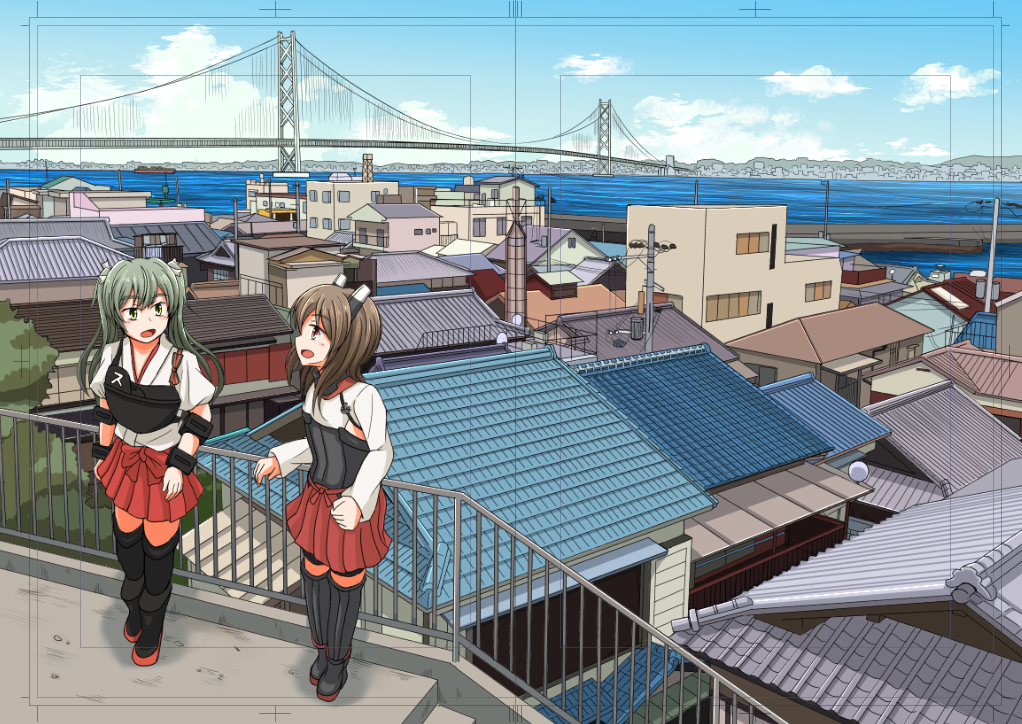 2girls abu_(shoushin_nanjaku_line) blue_sky bridge brown_hair clouds green_hair hakama_skirt kantai_collection multiple_girls muneate railing red_skirt rooftop skirt sky smile taihou_(kantai_collection) thigh-highs twintails water zuikaku_(kantai_collection)