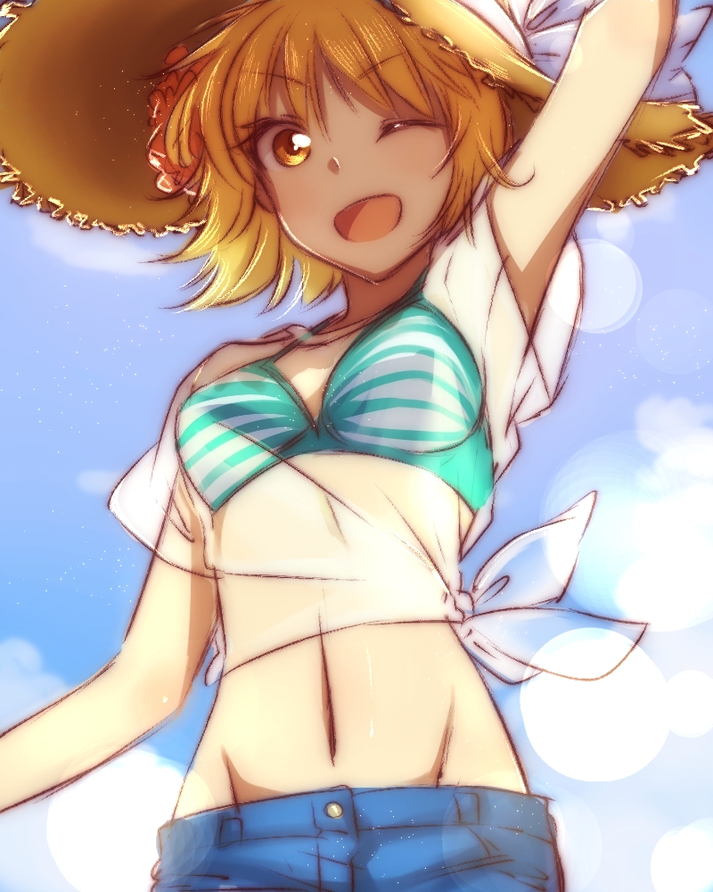 1girl ;d aqua_bikini arm_up bikini bikini_top blonde_hair blue_background cagalli_yula_athha collarbone groin gundam gundam_seed hat midriff morihaw navel one_eye_closed open_mouth shiny shiny_hair shirt short_sleeves smile solo standing stomach straw_hat striped striped_bikini sun_hat swimsuit tied_shirt white_shirt yellow_eyes