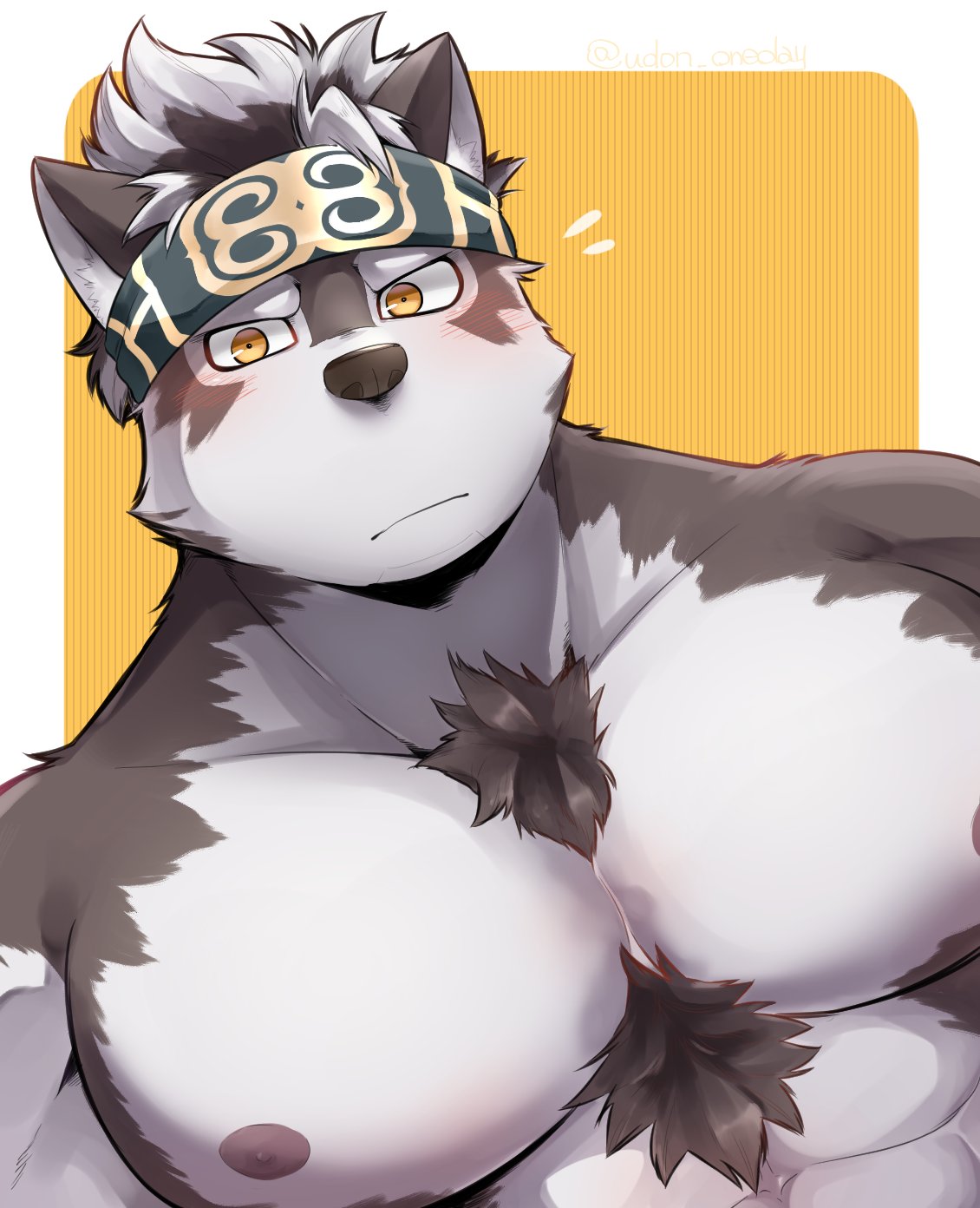 1boy abs animal_ears bara chest furry grey_hair headband highres horkeu_kamui_(tokyo_houkago_summoners) looking_at_viewer male_focus multicolored_hair muscle nipples pectorals silver_hair simple_background solo tokyo_houkago_summoners udon_oneday upper_body