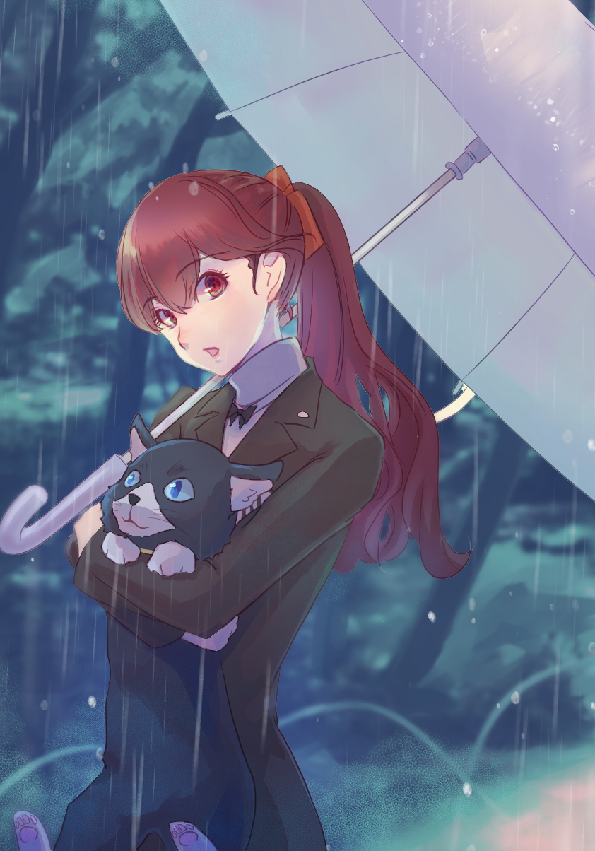 1girl animal bangs black_jacket blurry blurry_background bow carrying cat eyebrows_visible_through_hair hair_between_eyes hair_bow highres holding holding_animal holding_cat holding_umbrella jacket long_hair long_sleeves morgana_(persona_5) open_mouth orange_bow outdoors persona persona_5 ponytail pooh920 rain red_eyes redhead shiny shiny_hair sweater turtleneck turtleneck_sweater umbrella white_sweater white_umbrella yoshizawa_kasumi