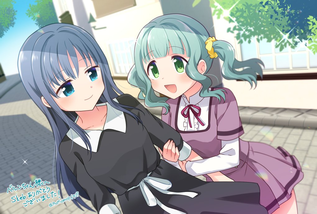2girls :d bangs black_dress blue_eyes blue_hair blue_sky blunt_bangs blurry blurry_background blush breasts building city collarbone collared_dress commentary_request cowboy_shot curly_hair day dot_nose dress dutch_angle eyebrows_visible_through_hair eyes_visible_through_hair floating_hair futaba_sana green_eyes green_hair hands_on_another's_arm happy high_collar leaf long_hair long_sleeves looking_at_another magia_record:_mahou_shoujo_madoka_magica_gaiden mahou_shoujo_madoka_magica mizuna_girls'_academy_uniform momo_tomato multiple_girls nanami_yachiyo neck_ribbon open_mouth outdoors pavement ribbon road school_uniform scrunchie shadow shiny shiny_hair short_sleeves sidelocks sidewalk sky small_breasts smile sparkle street tareme translation_request tree twintails twitter_username uniform window yellow_scrunchie