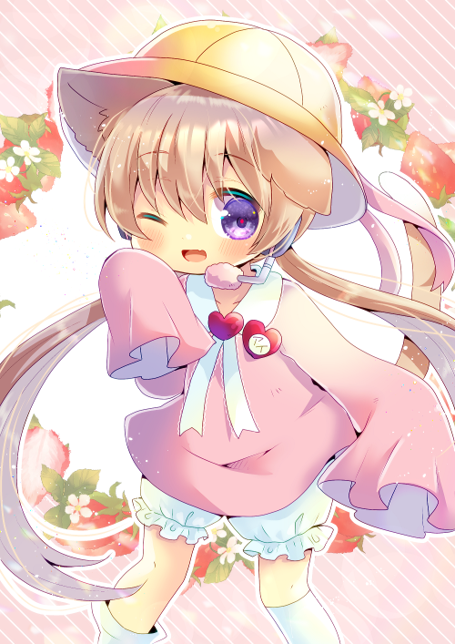 1girl ;d animal_ear_fluff animal_ears bangs bloomers blush cat_ears cat_girl cat_tail collared_dress commentary_request commission diagonal_stripes dress eyebrows_visible_through_hair flower food fruit hair_between_eyes hat headset heart kemonomimi_mode kindergarten_uniform kneehighs kouu_hiyoyo long_hair long_sleeves looking_at_viewer low_twintails one_eye_closed open_mouth pink_background pink_dress school_hat sleeves_past_fingers sleeves_past_wrists smile solo standing strawberry striped striped_background tail tsukuyomi_ai twintails underwear very_long_hair violet_eyes voiceroid white_background white_bloomers white_flower white_legwear yellow_headwear