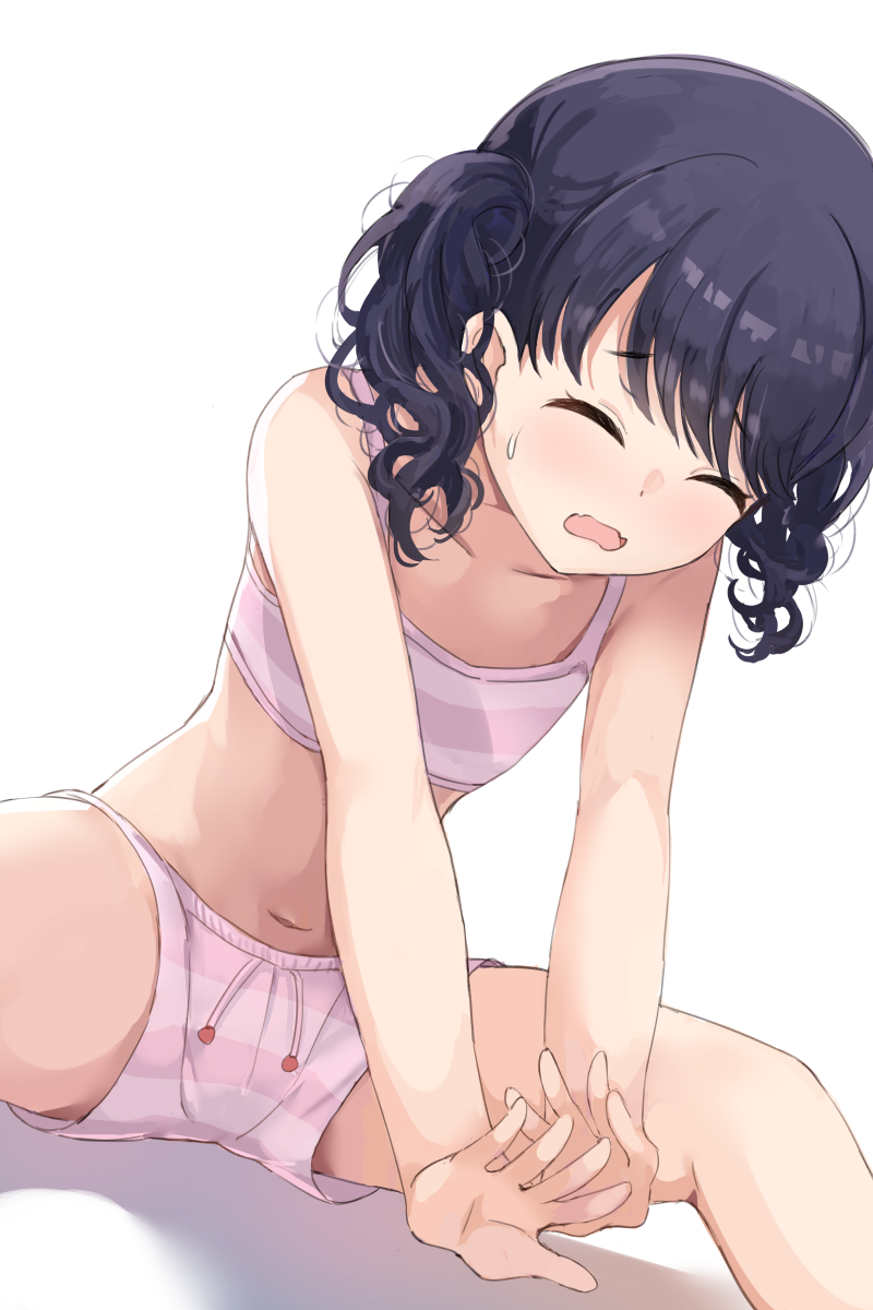 1girl bare_arms bare_shoulders black_hair bra closed_eyes collarbone commentary_request dutch_angle fangs flat_chest fukumaru_koito hands_together highres hiroki_(yyqw7151) idolmaster idolmaster_shiny_colors navel open_mouth short_shorts shorts skin_fangs solo spread_legs stomach stretch striped striped_bra striped_shorts sweatdrop twintails underwear white_background