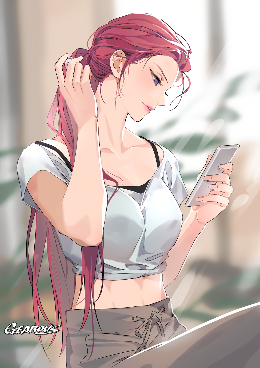 1girl air_pods alternate_hairstyle casual cellphone crop_top gearous highres jewelry lips long_hair musashi_(pokemon) pants phone pokemon pokemon_(anime) ponytail sitting smartphone solo violet_eyes