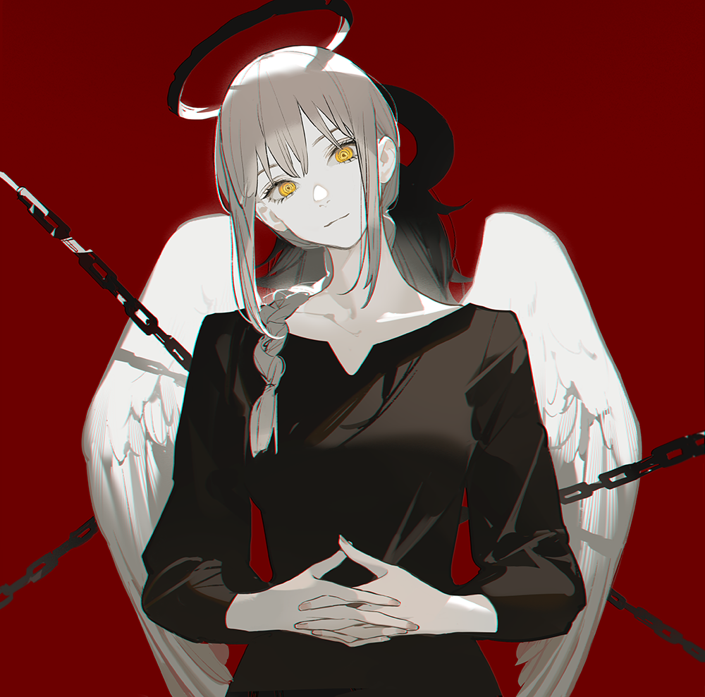 1boy 1girl angel angel_devil_(chainsaw_man) angel_wings ask_(askzy) bangs black_dress braid braided_ponytail breasts chainsaw_man commentary_request dress eyebrows feathered_wings feathers halo hands_together head_tilt light_smile long_sleeves looking_at_viewer makima_(chainsaw_man) medium_breasts red_background ringed_eyes simple_background smile solo_focus upper_body wings yellow_eyes