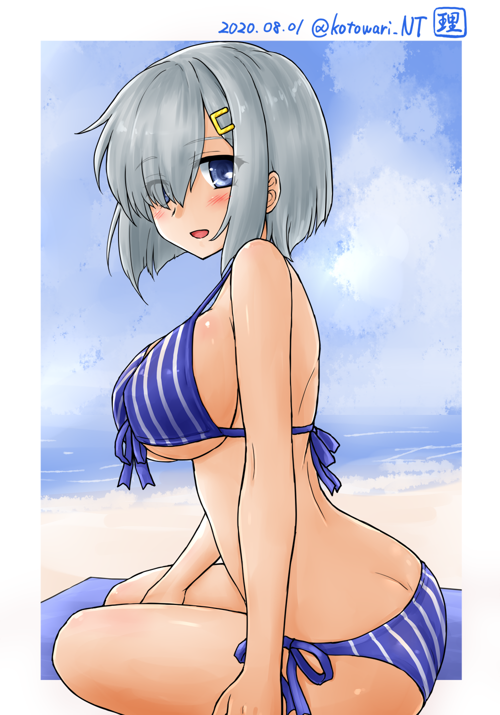 1girl artist_logo bikini blue_bikini blue_eyes breasts commentary_request dated hair_ornament hair_over_one_eye hairclip hamakaze_(kantai_collection) highres kantai_collection kotowari_(newtype_kenkyuujo) large_breasts looking_at_viewer short_hair side-tie_bikini silver_hair solo striped striped_bikini swimsuit twitter_username