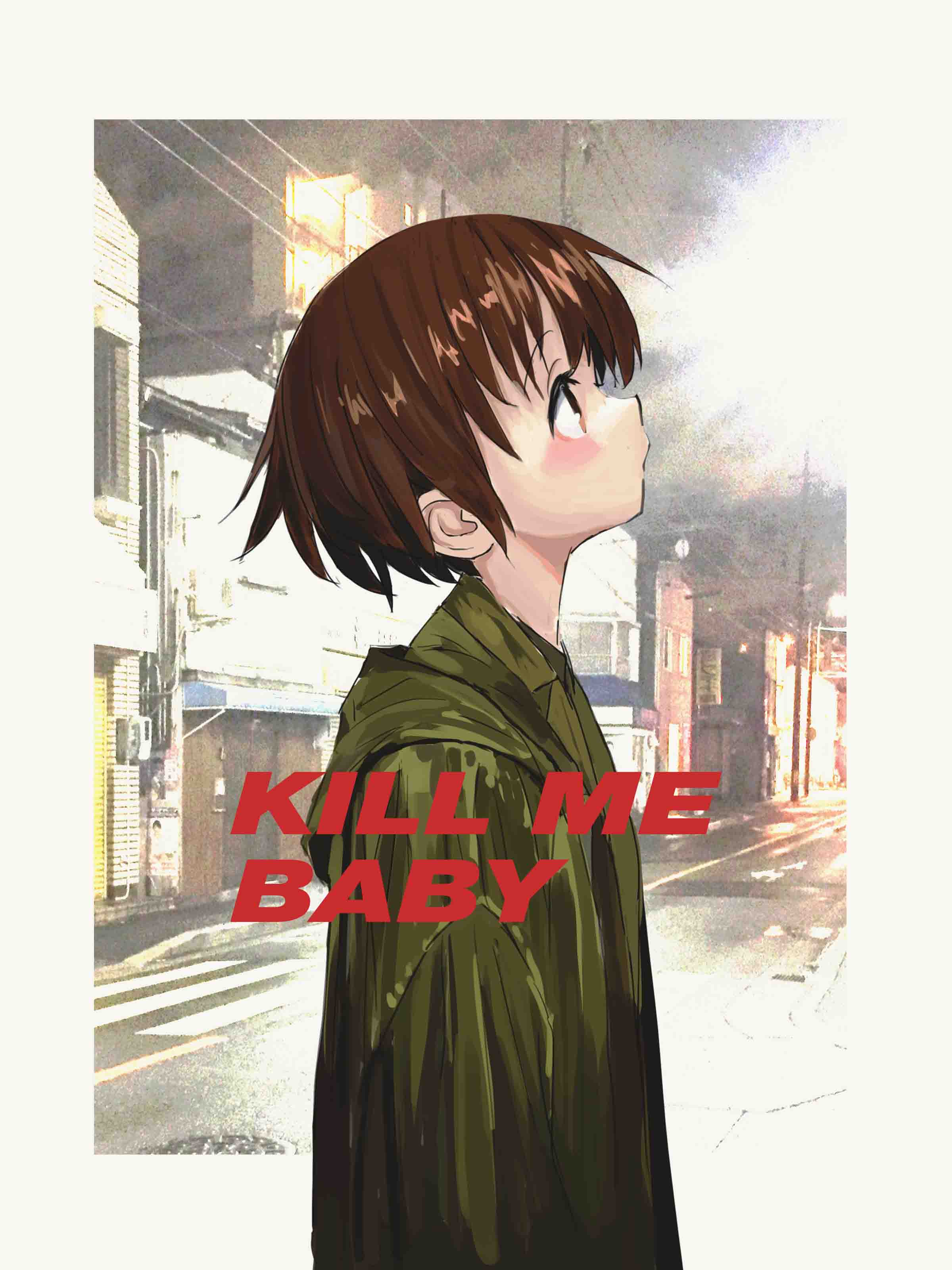 1girl absurdres brown_eyes brown_hair closed_mouth copyright_name from_side green_jacket green_shirt highres hood hood_down jacket kill_me_baby nadegata oribe_yasuna photo_background profile shirt short_hair solo standing