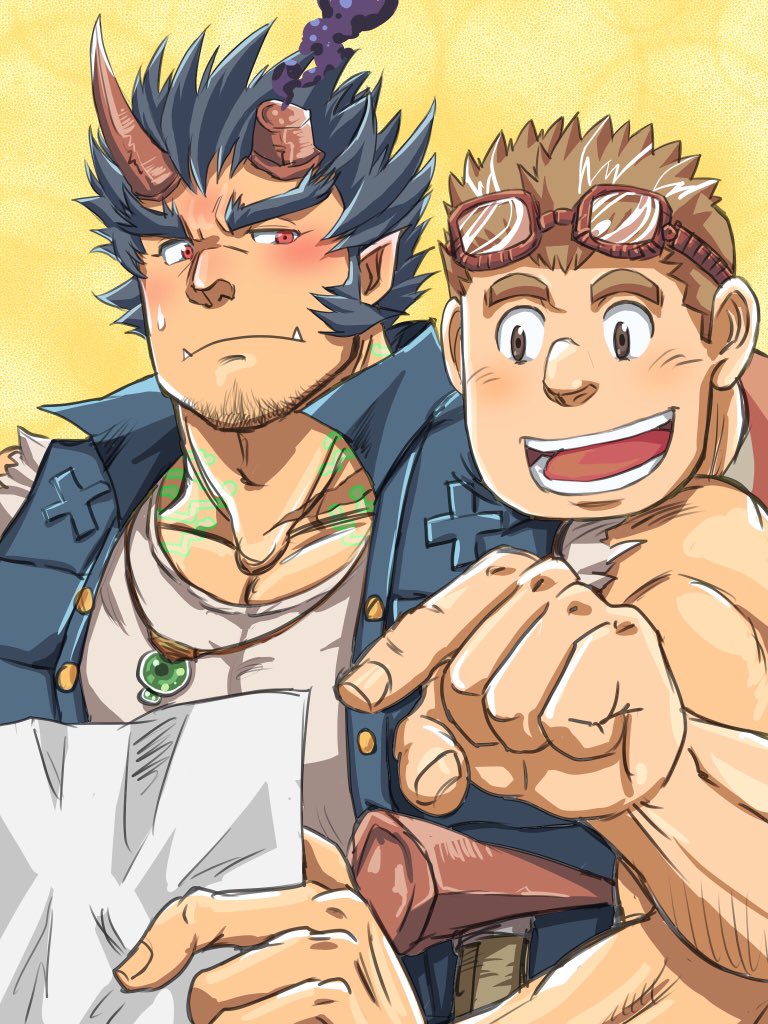 2boys bara beard blush brown_eyes brown_hair bunta_ru chest dark_blue_hair eyewear_on_headwear facial_hair fang head_on_another's_shoulder horns jewelry kurogane_(tokyo_houkago_summoners) male_focus multiple_boys muscle necklace pectorals pointing pointing_forward reading simple_background takemaru_(tokyo_houkago_summoners) thick_eyebrows tokyo_houkago_summoners upper_body